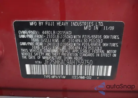 2010 Subaru Forester 2.5X from USA, damaged, VIN JF2SH6AC9AH759750